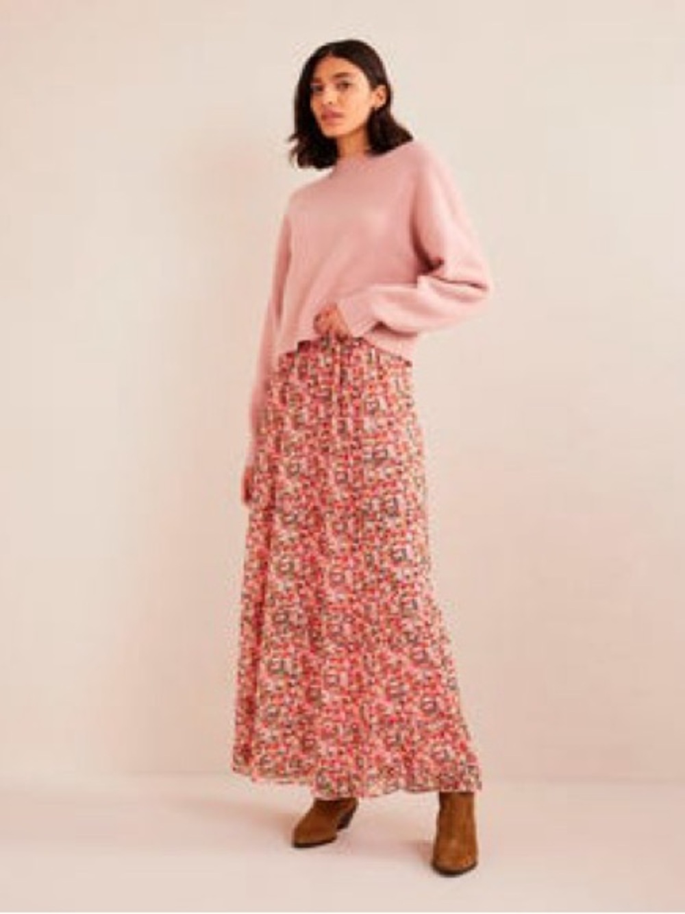 Boden ruffle crinkle floral Pink Maxi Skirt - Lightweight Tiered Women's Skirt